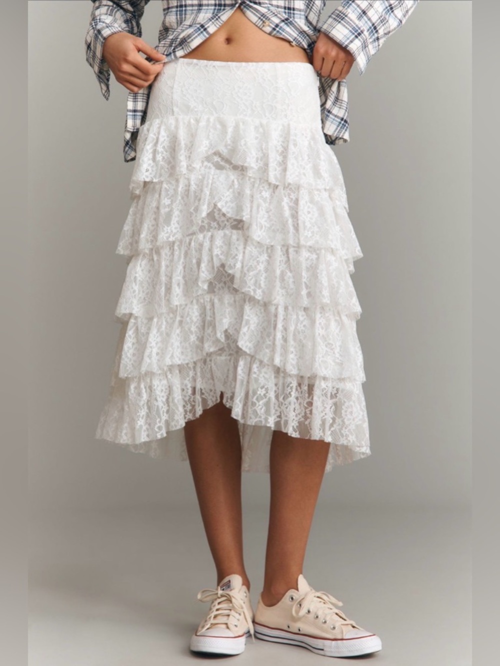 Anthropologie Tiered Lace Midi Skirt NWT White Boho Cottagecore XL